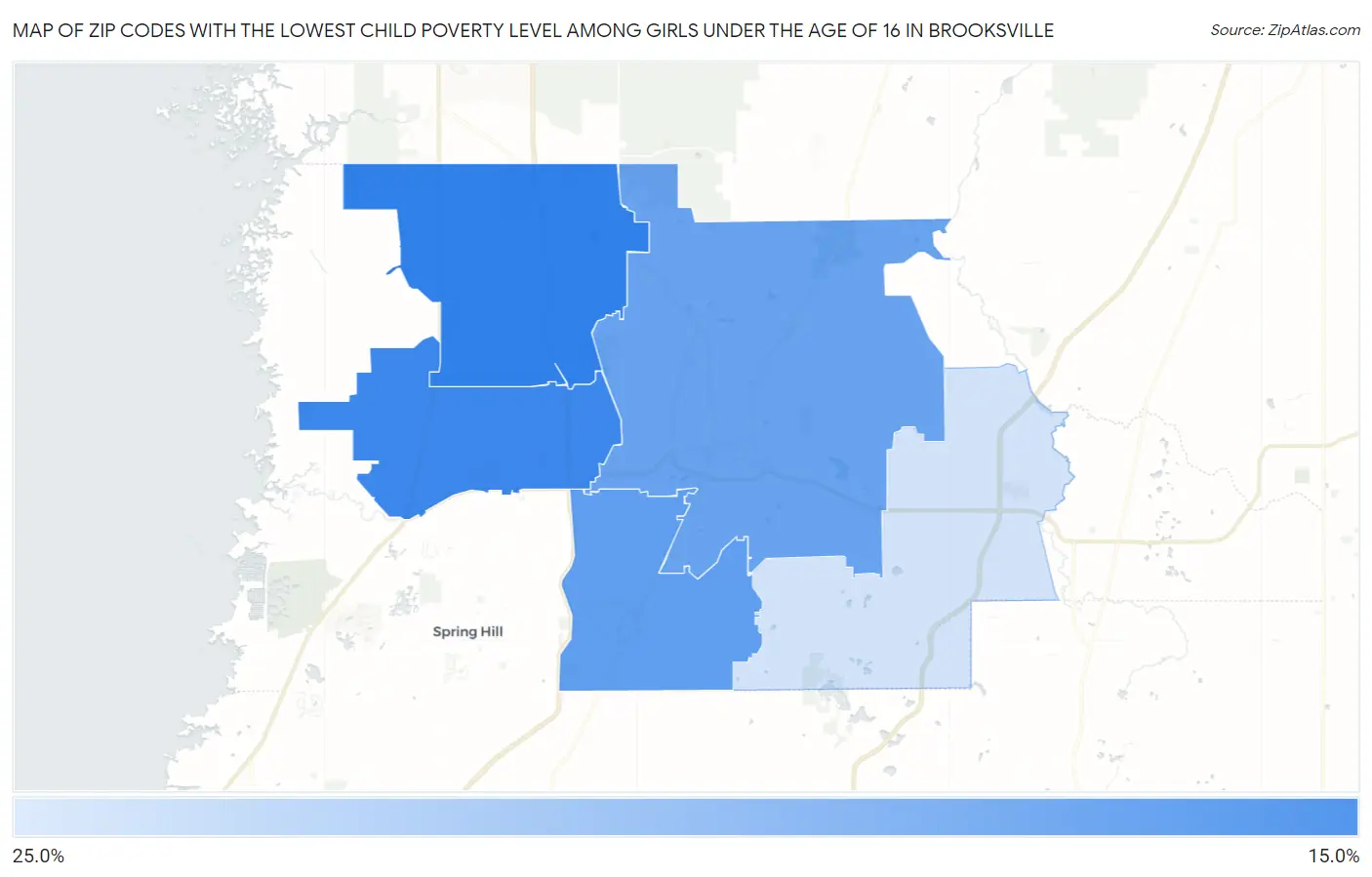 Zip Codes with the Lowest Child Poverty Level Among Girls Under the Age of 16 in Brooksville Map