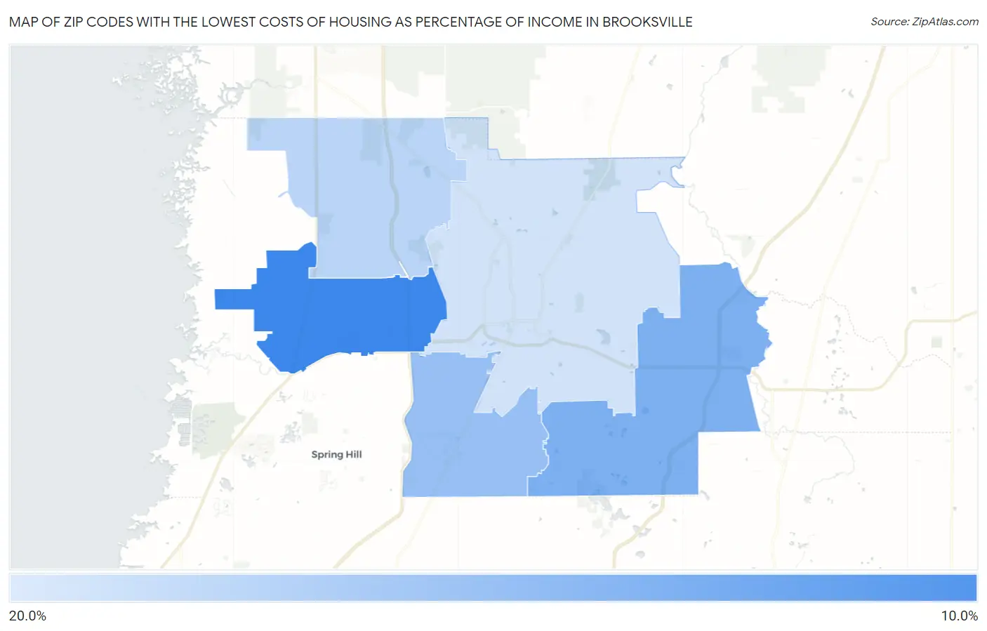 Zip Codes with the Lowest Costs of Housing as Percentage of Income in Brooksville Map