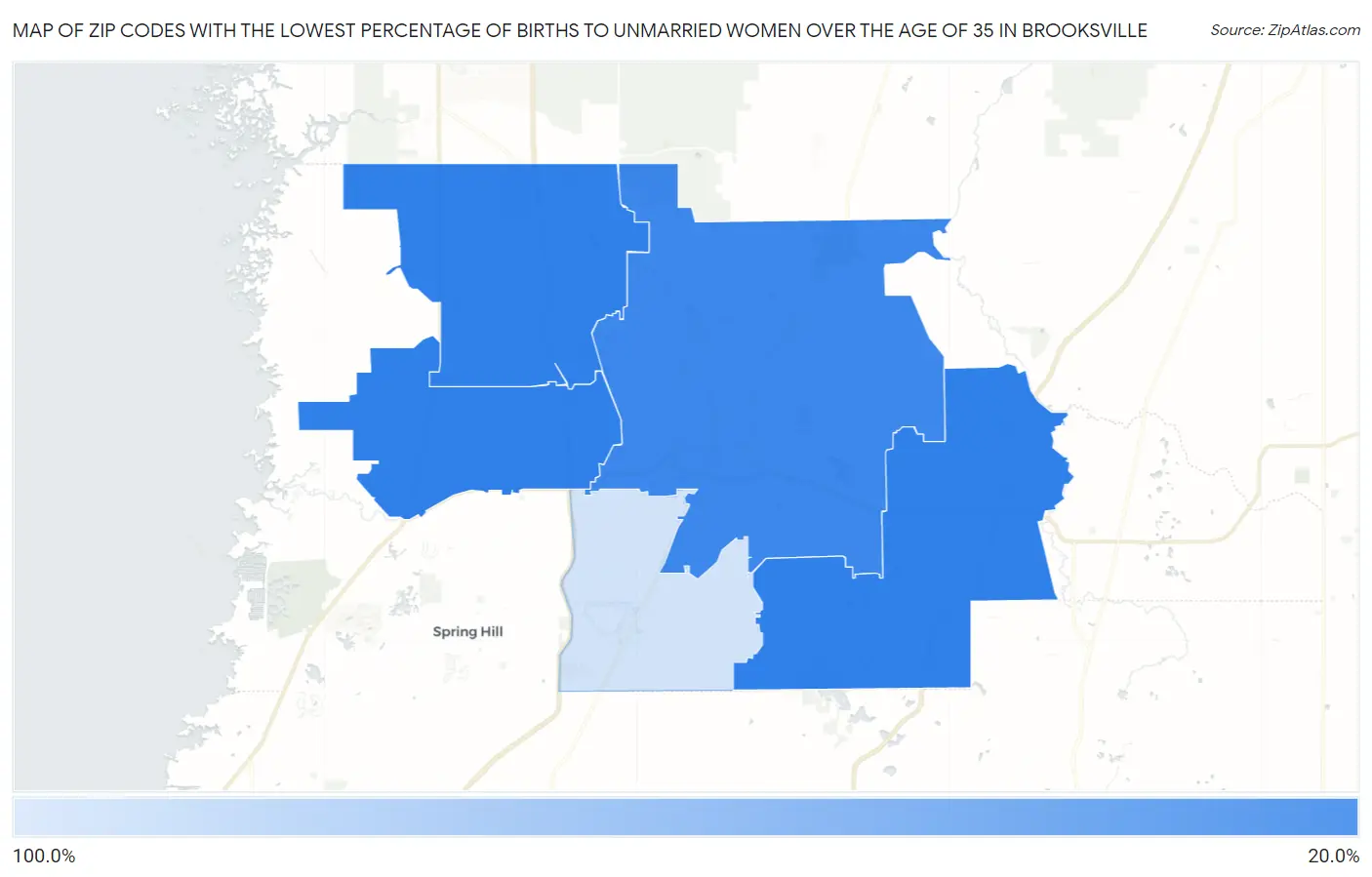 Zip Codes with the Lowest Percentage of Births to Unmarried Women over the Age of 35 in Brooksville Map