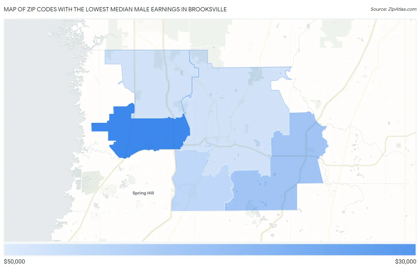 Zip Codes with the Lowest Median Male Earnings in Brooksville Map