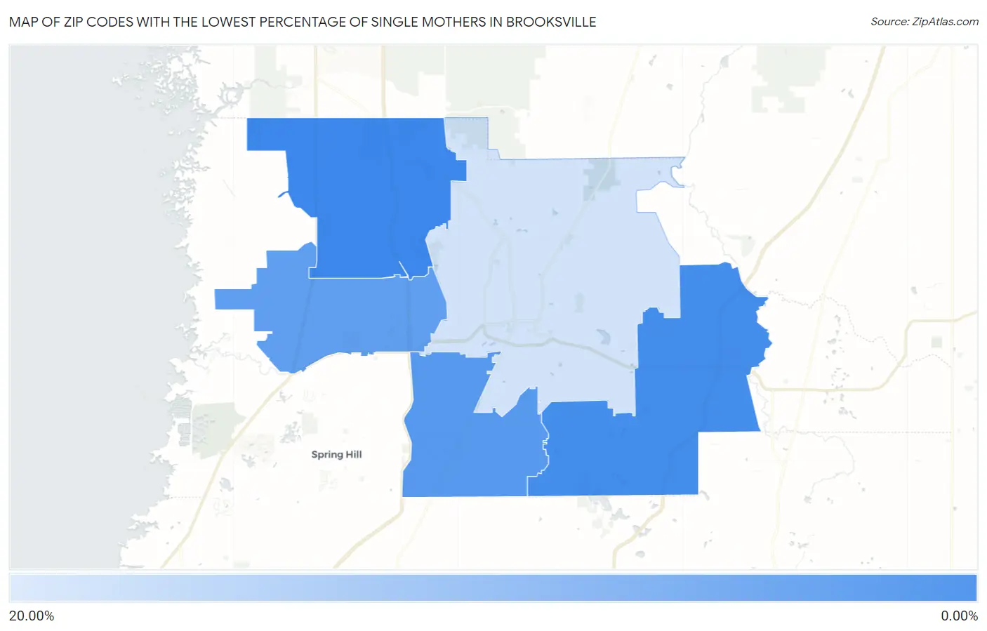 Zip Codes with the Lowest Percentage of Single Mothers in Brooksville Map
