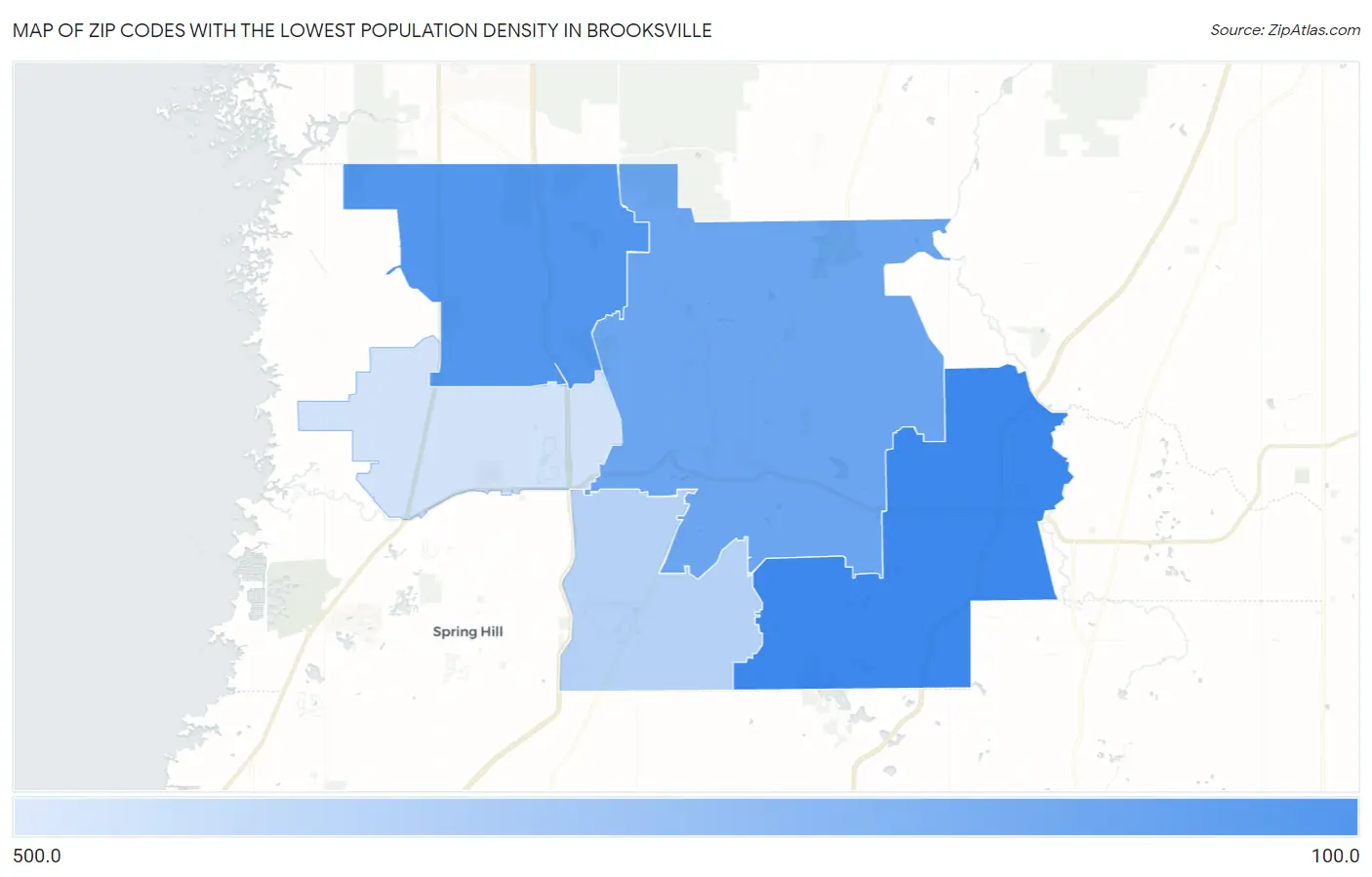 Zip Codes with the Lowest Population Density in Brooksville Map
