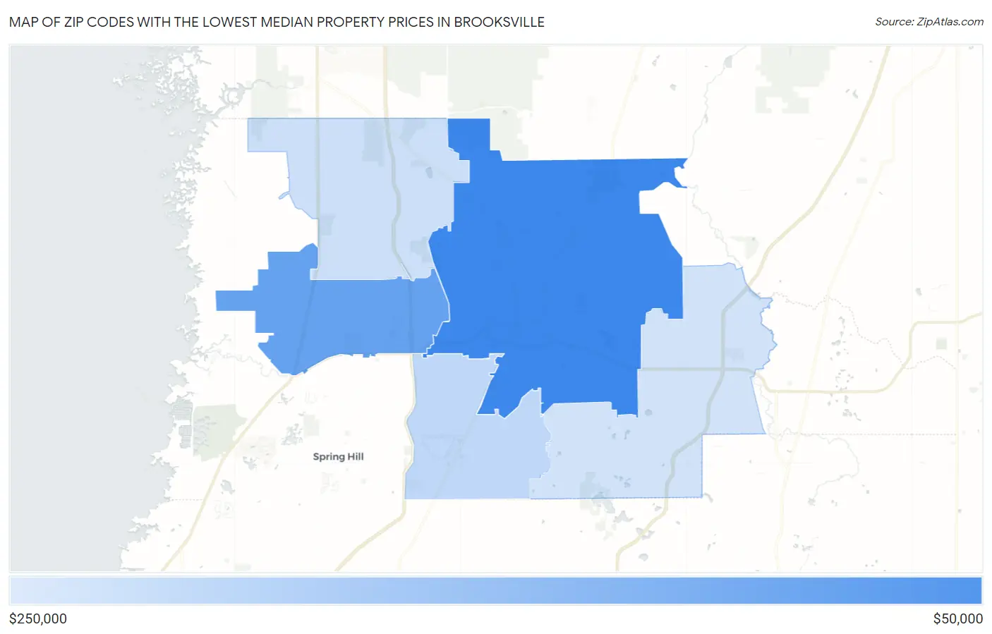 Zip Codes with the Lowest Median Property Prices in Brooksville Map