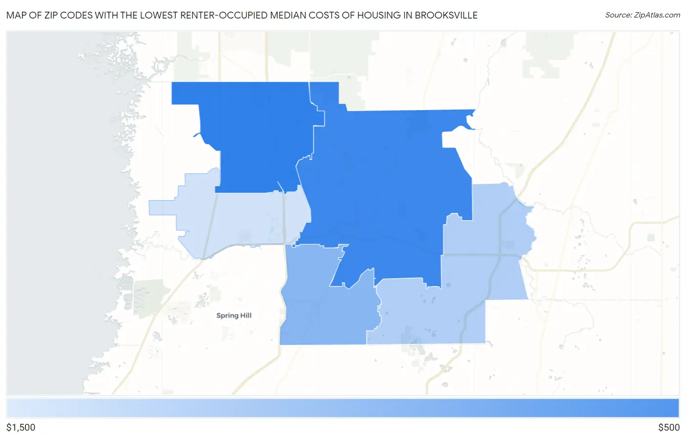 Zip Codes with the Lowest Renter-Occupied Median Costs of Housing in Brooksville Map