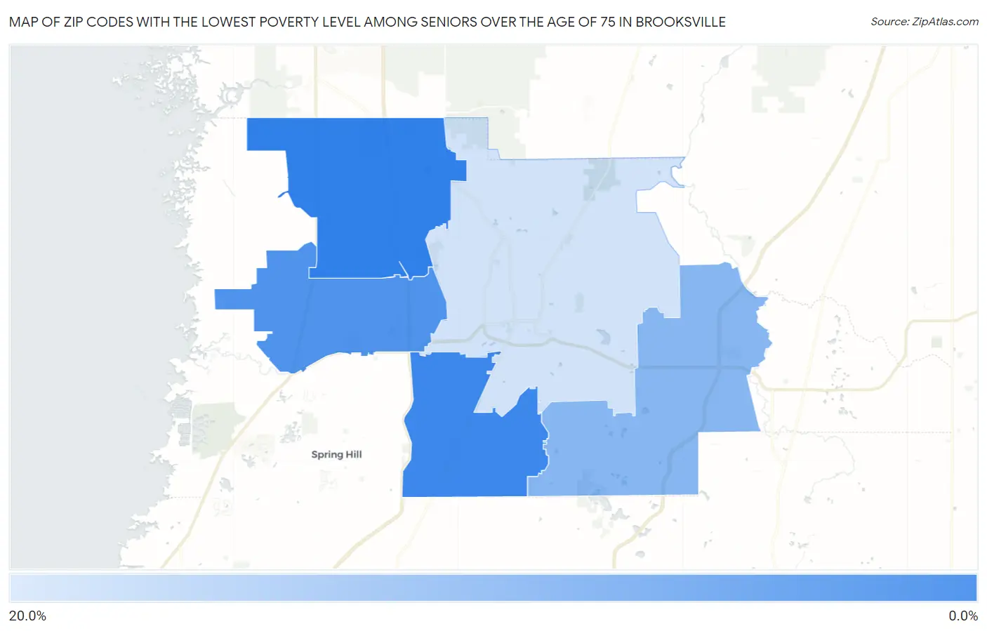 Zip Codes with the Lowest Poverty Level Among Seniors Over the Age of 75 in Brooksville Map