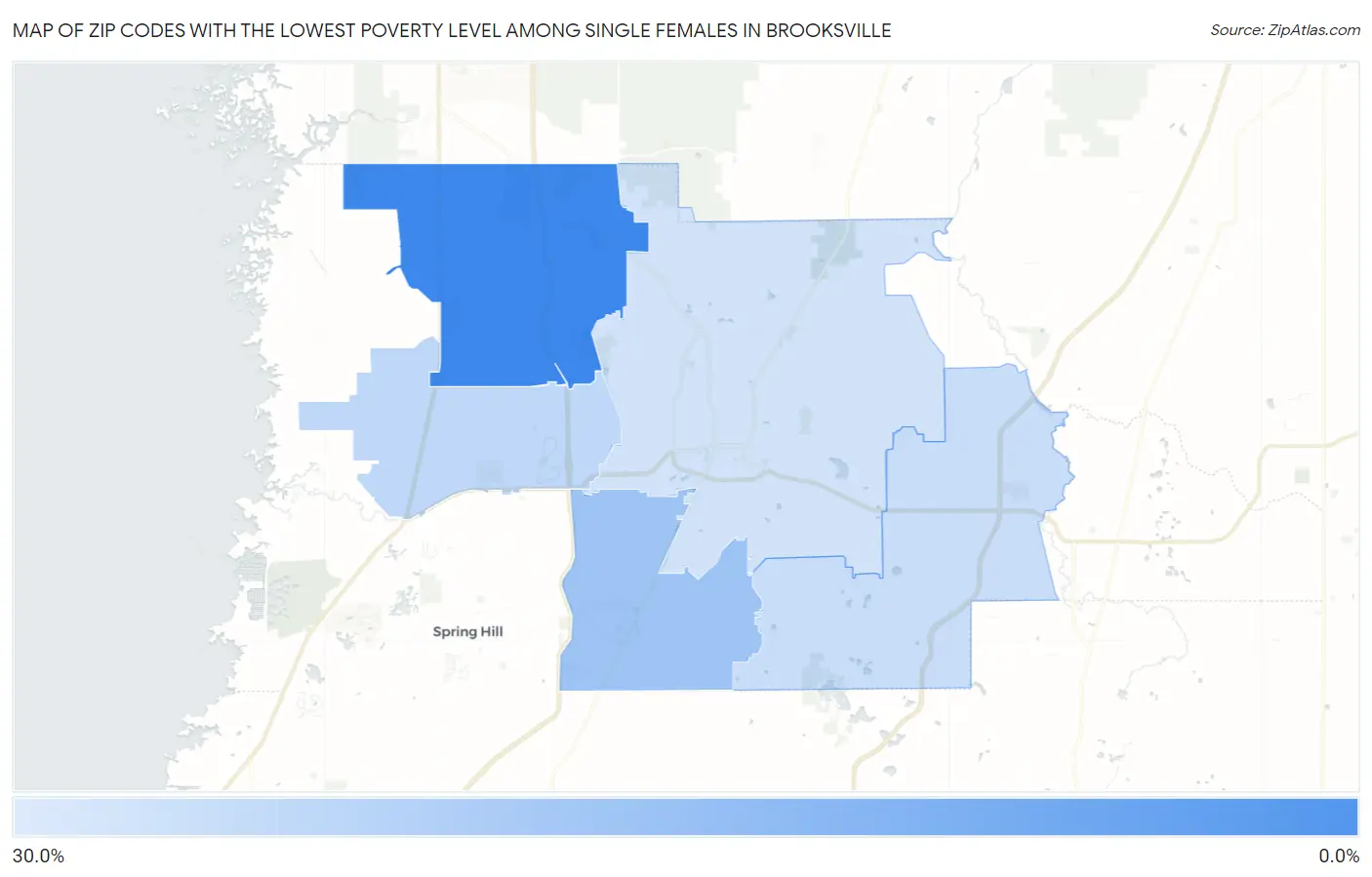 Zip Codes with the Lowest Poverty Level Among Single Females in Brooksville Map