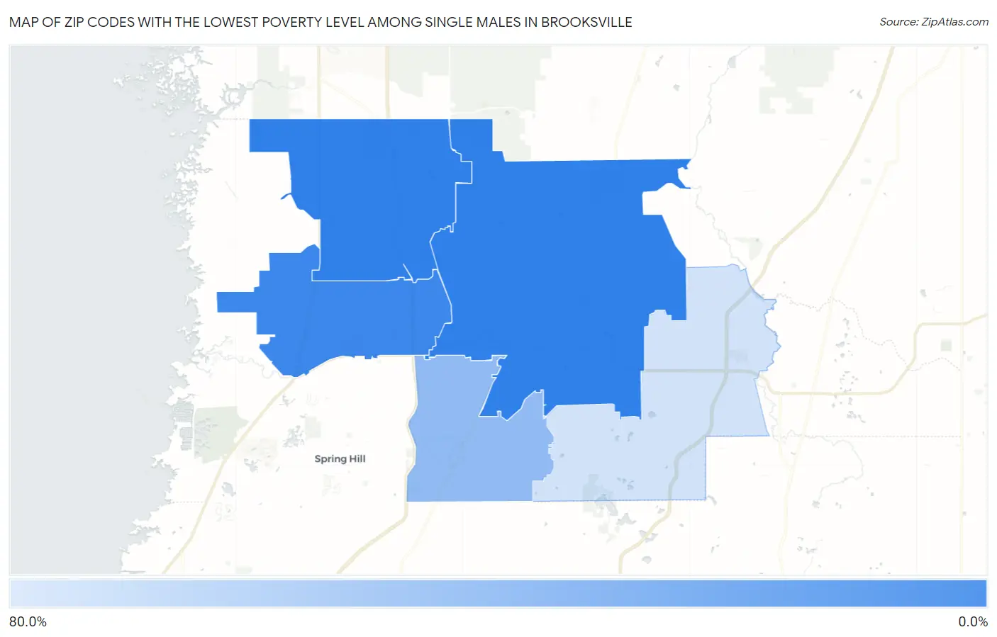 Zip Codes with the Lowest Poverty Level Among Single Males in Brooksville Map