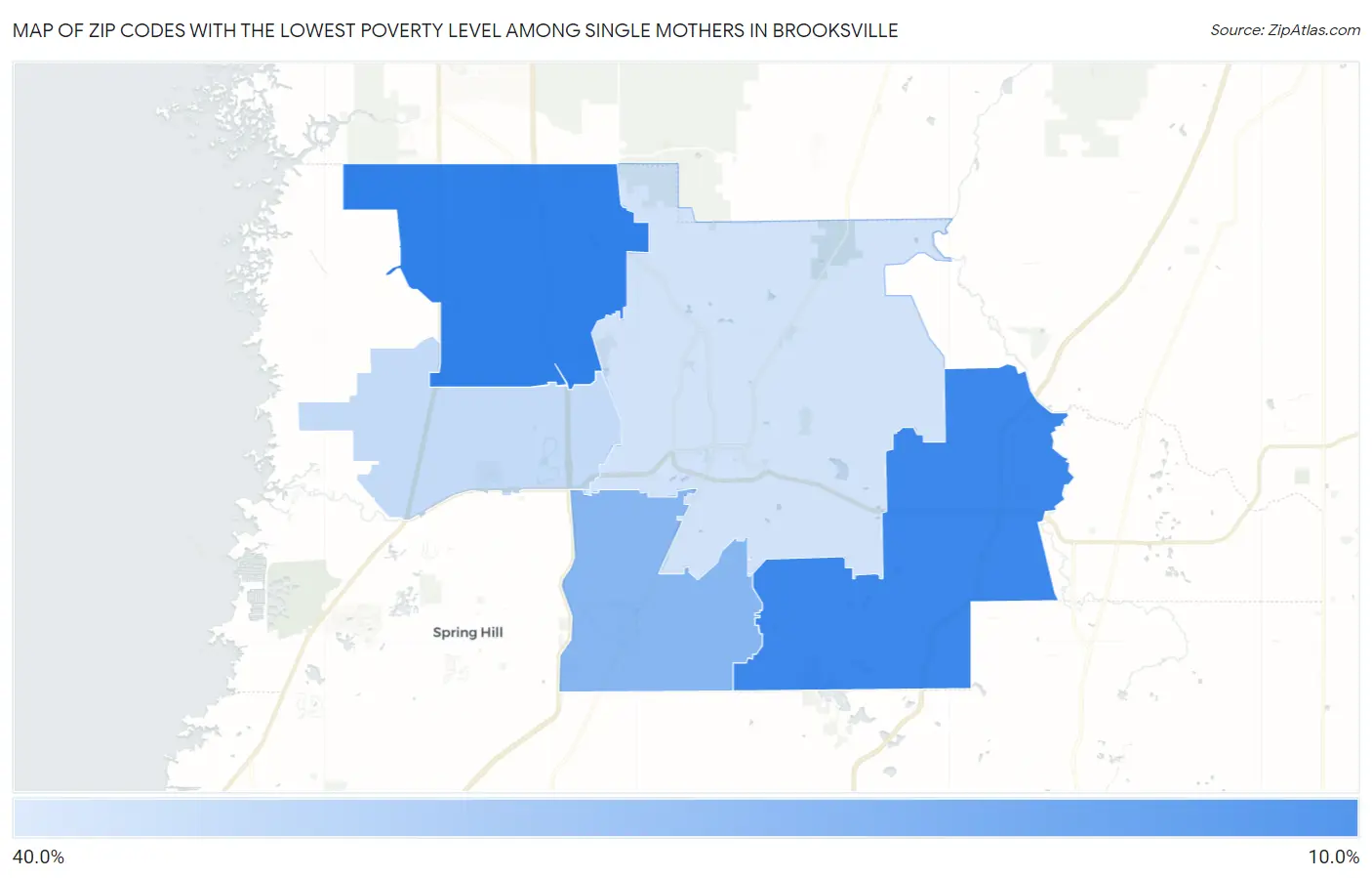 Zip Codes with the Lowest Poverty Level Among Single Mothers in Brooksville Map