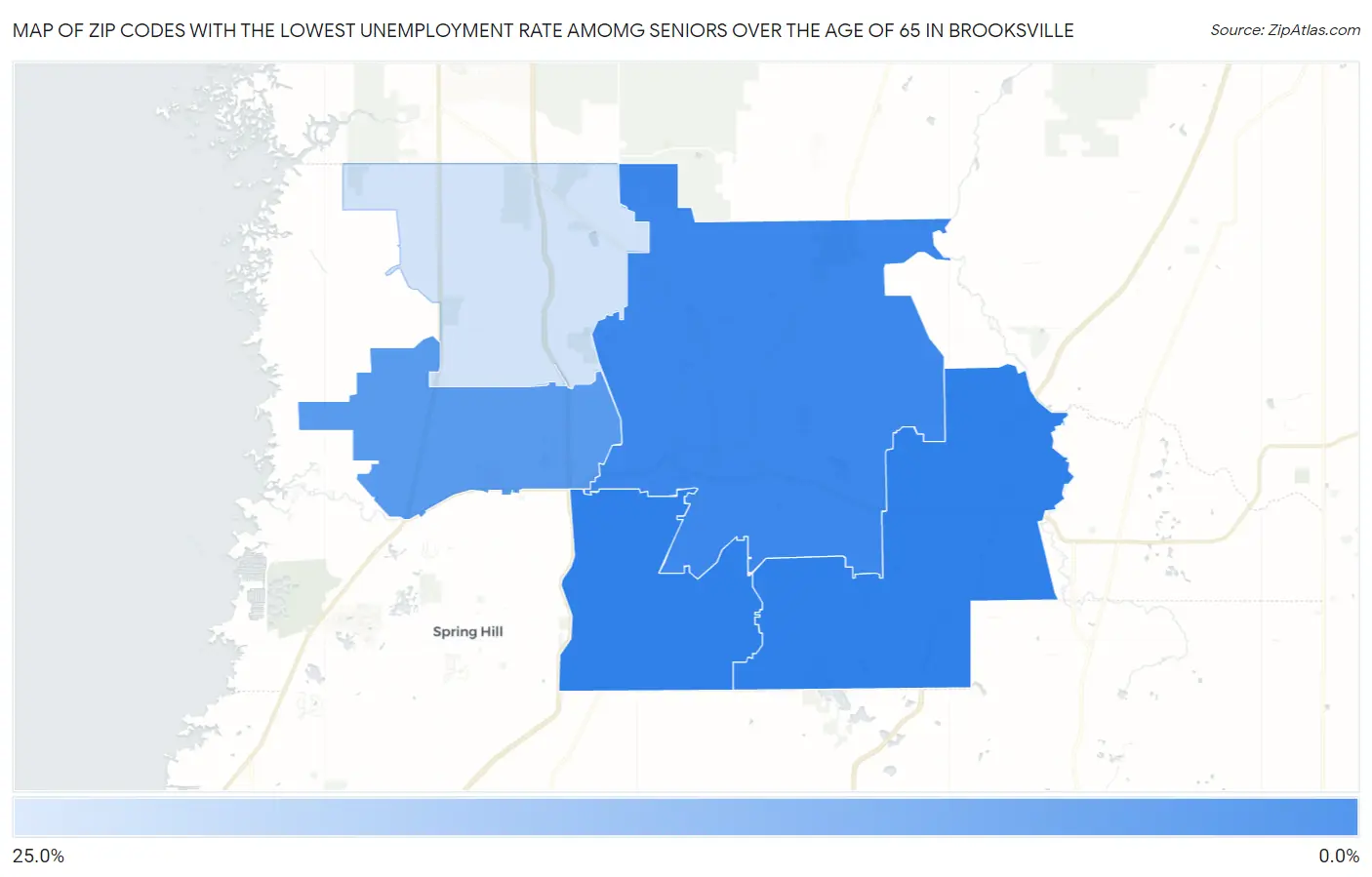 Zip Codes with the Lowest Unemployment Rate Amomg Seniors Over the Age of 65 in Brooksville Map