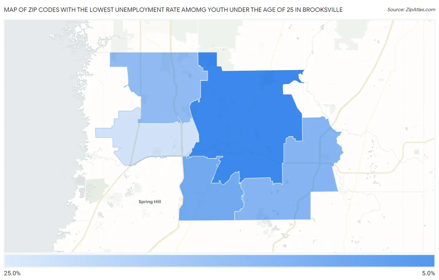 Zip Codes with the Lowest Unemployment Rate Amomg Youth Under the Age of 25 in Brooksville Map