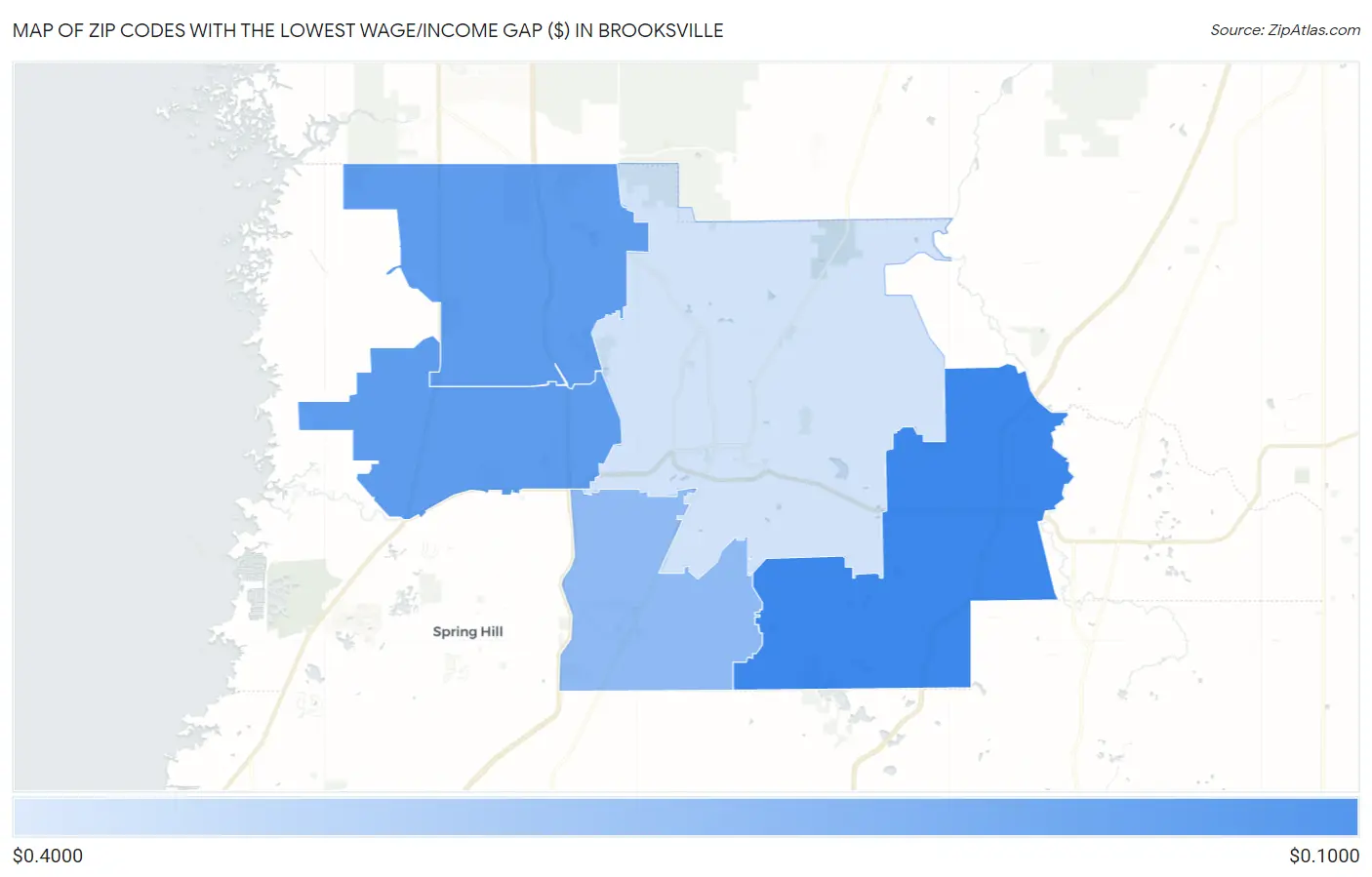 Zip Codes with the Lowest Wage/Income Gap ($) in Brooksville Map