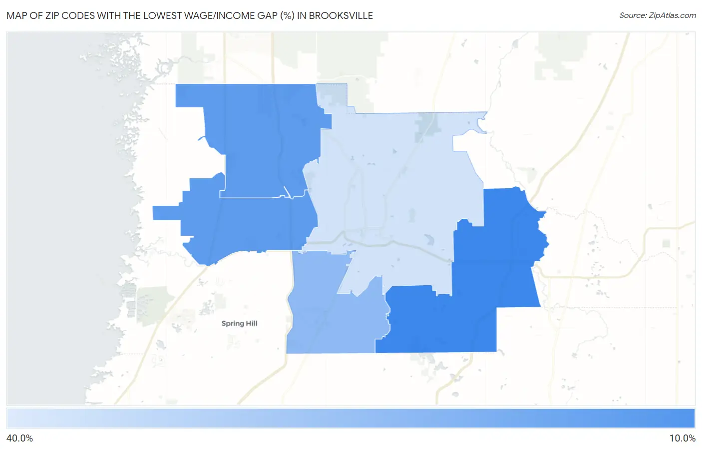 Zip Codes with the Lowest Wage/Income Gap (%) in Brooksville Map