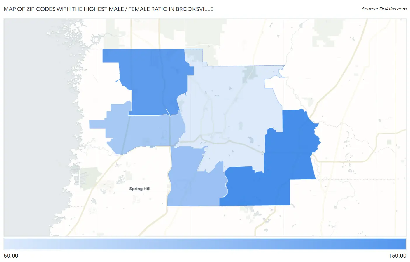 Zip Codes with the Highest Male / Female Ratio in Brooksville Map