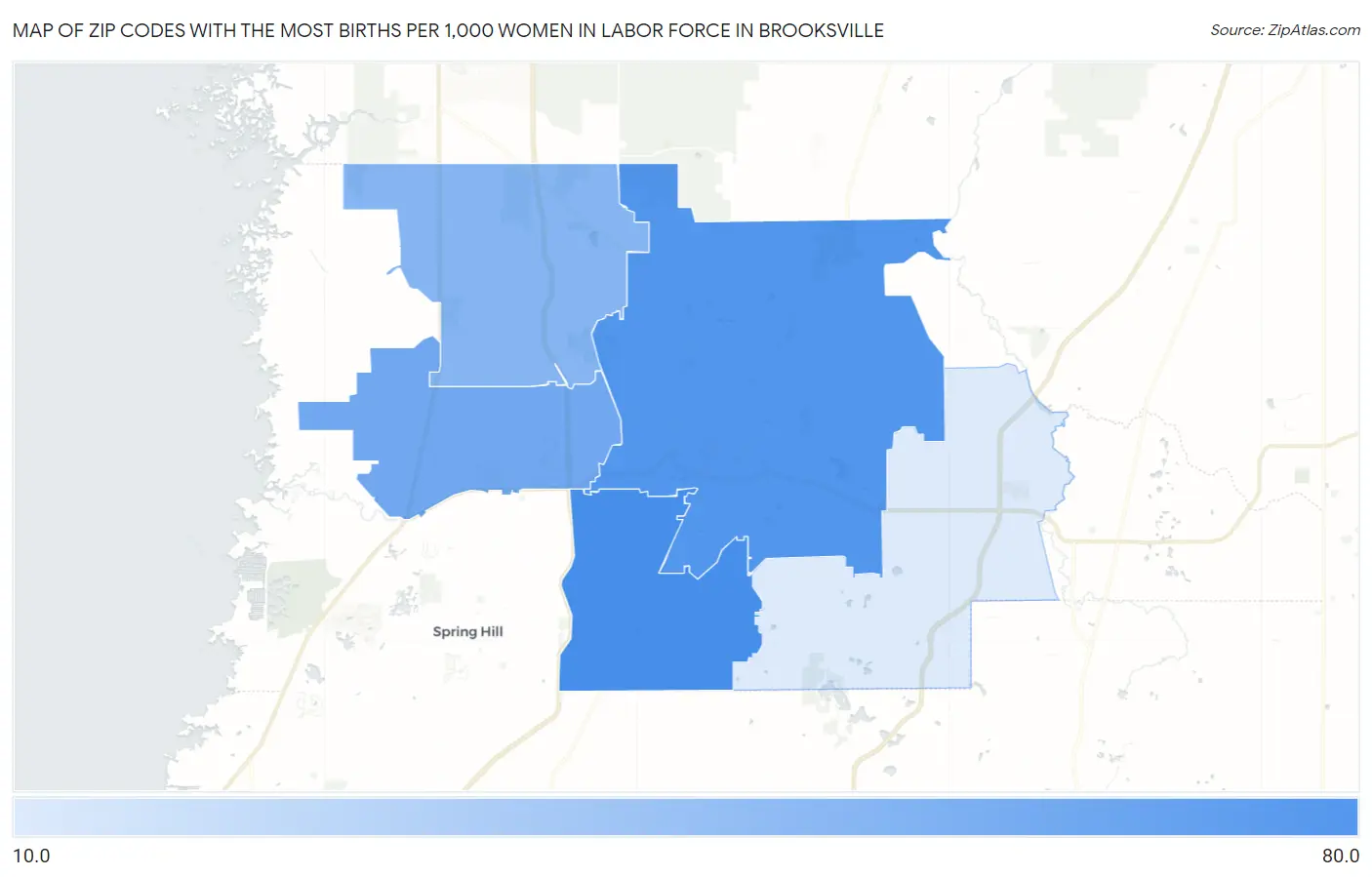 Zip Codes with the Most Births per 1,000 Women in Labor Force in Brooksville Map