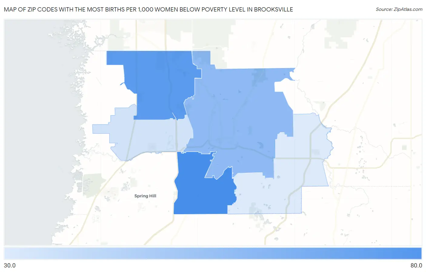 Zip Codes with the Most Births per 1,000 Women Below Poverty Level in Brooksville Map