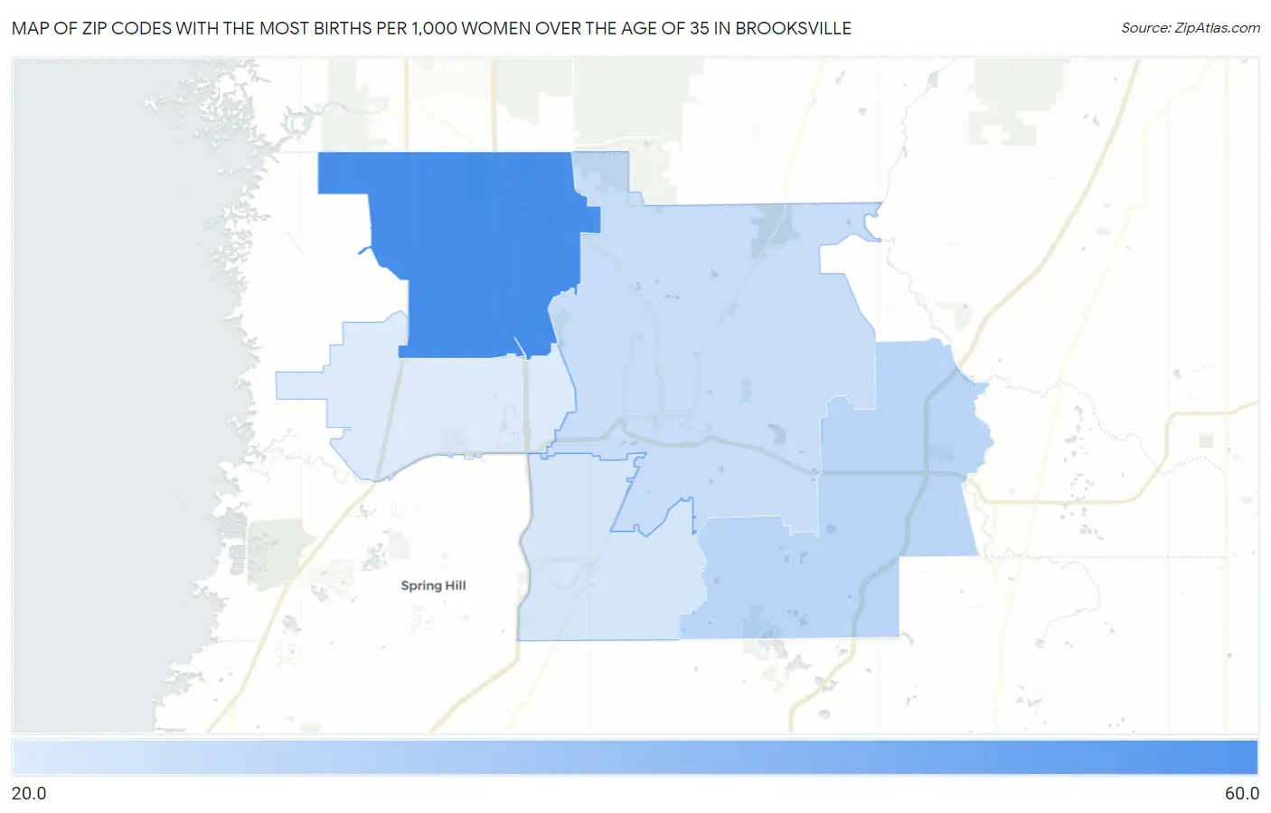 Zip Codes with the Most Births per 1,000 Women Over the Age of 35 in Brooksville Map