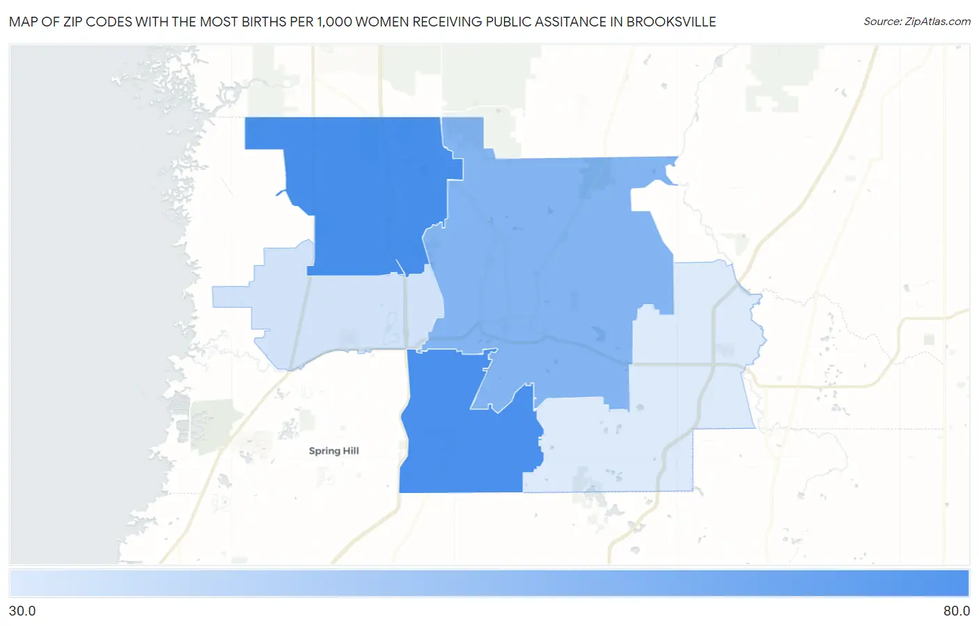 Zip Codes with the Most Births per 1,000 Women Receiving Public Assitance in Brooksville Map