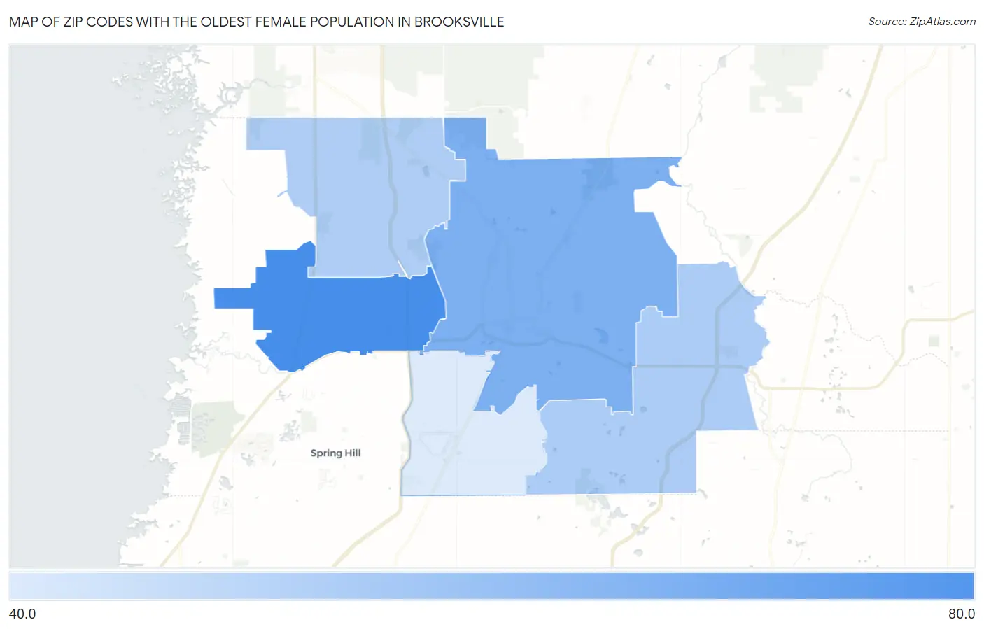 Zip Codes with the Oldest Female Population in Brooksville Map
