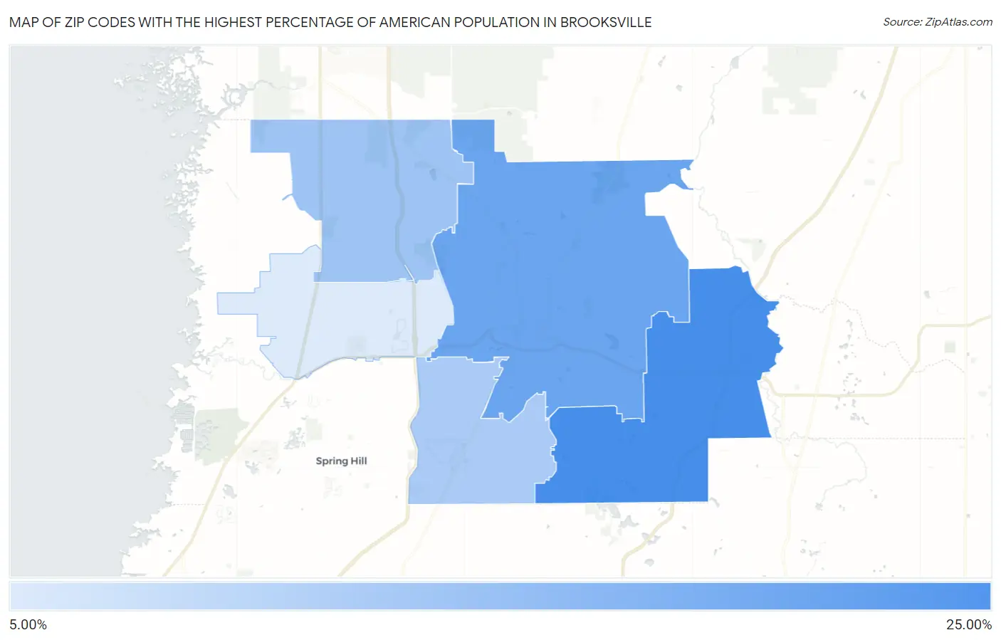 Zip Codes with the Highest Percentage of American Population in Brooksville Map