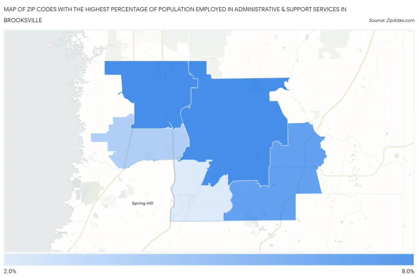 Zip Codes with the Highest Percentage of Population Employed in Administrative & Support Services in Brooksville Map