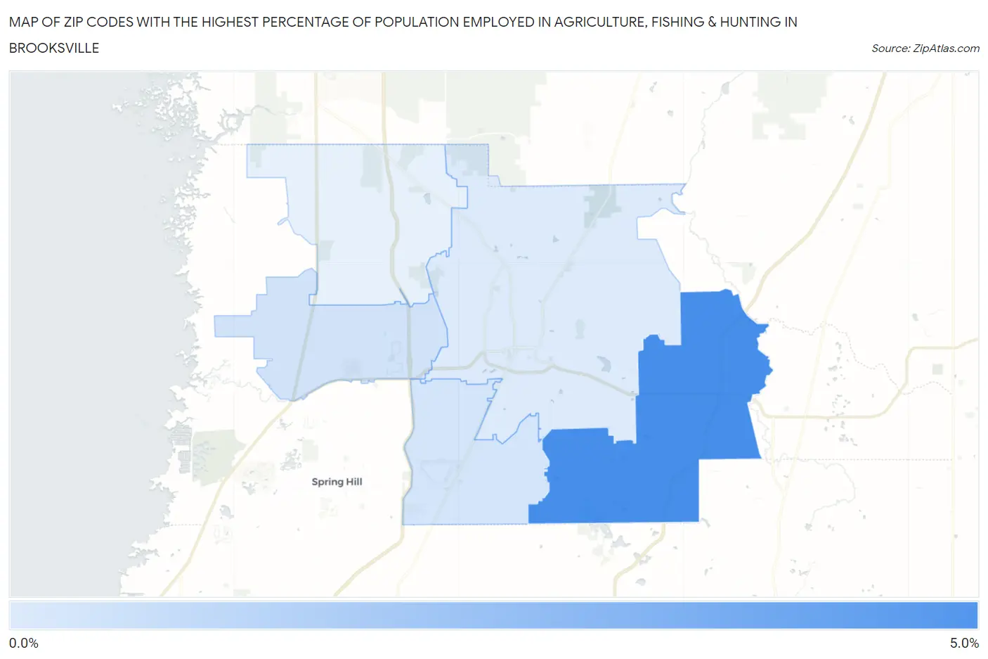 Zip Codes with the Highest Percentage of Population Employed in Agriculture, Fishing & Hunting in Brooksville Map