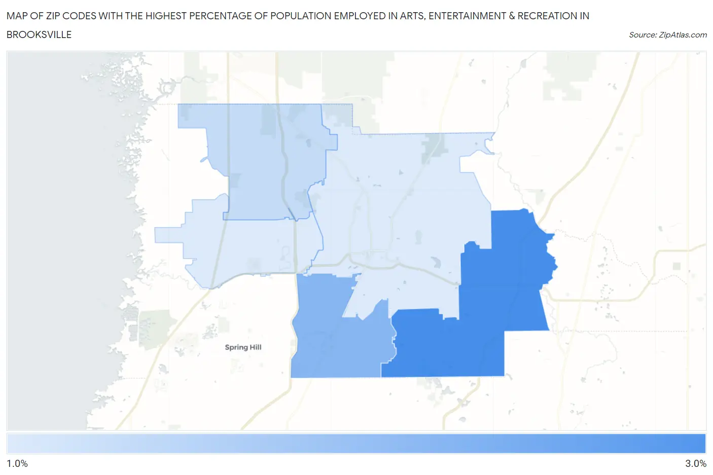 Zip Codes with the Highest Percentage of Population Employed in Arts, Entertainment & Recreation in Brooksville Map