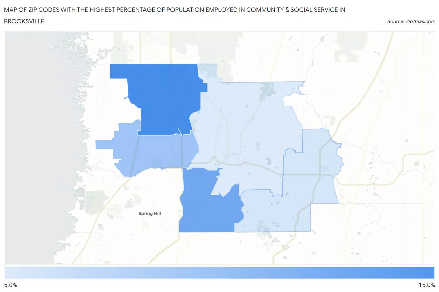 Zip Codes with the Highest Percentage of Population Employed in Community & Social Service  in Brooksville Map