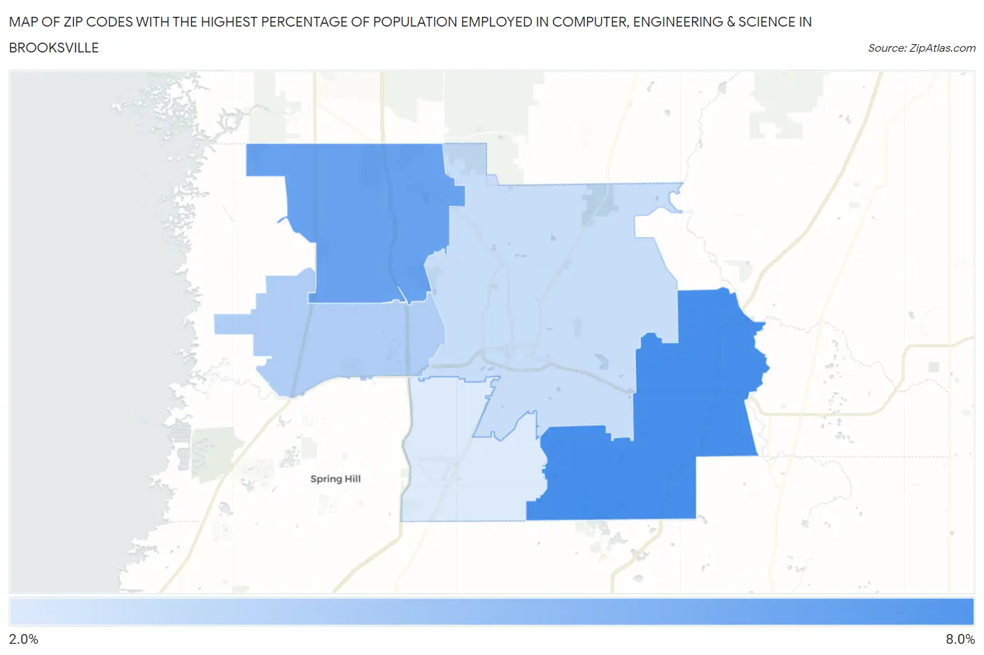 Zip Codes with the Highest Percentage of Population Employed in Computer, Engineering & Science in Brooksville Map