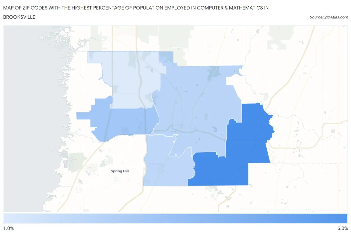 Zip Codes with the Highest Percentage of Population Employed in Computer & Mathematics in Brooksville Map