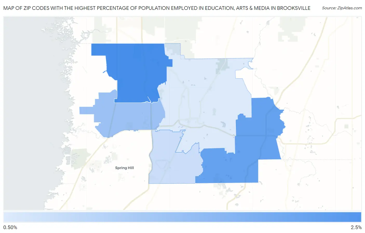 Zip Codes with the Highest Percentage of Population Employed in Education, Arts & Media in Brooksville Map