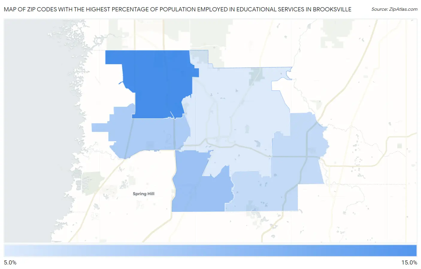 Zip Codes with the Highest Percentage of Population Employed in Educational Services in Brooksville Map