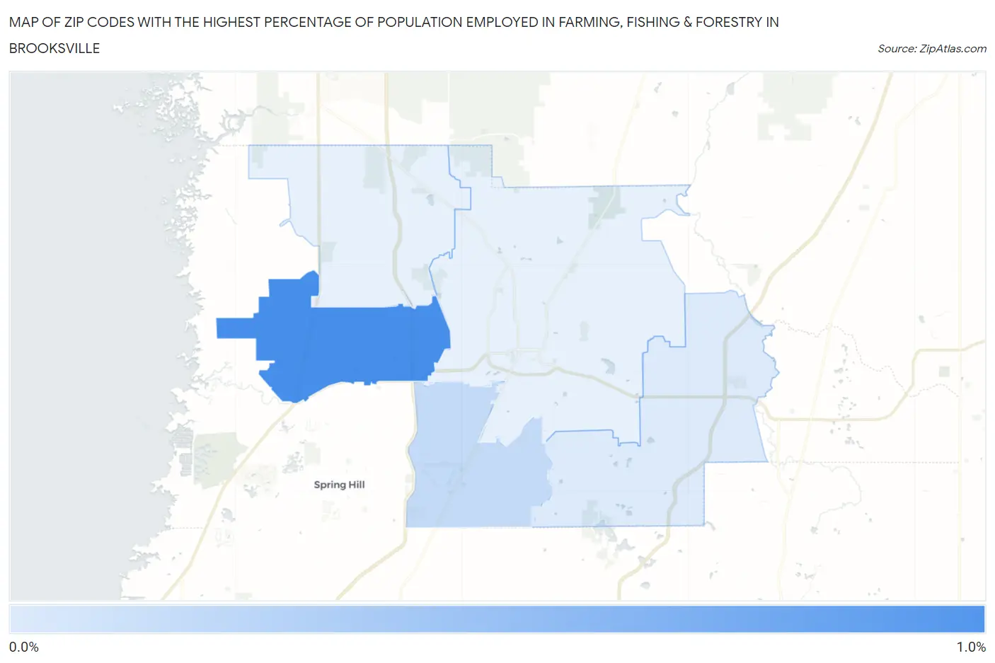 Zip Codes with the Highest Percentage of Population Employed in Farming, Fishing & Forestry in Brooksville Map