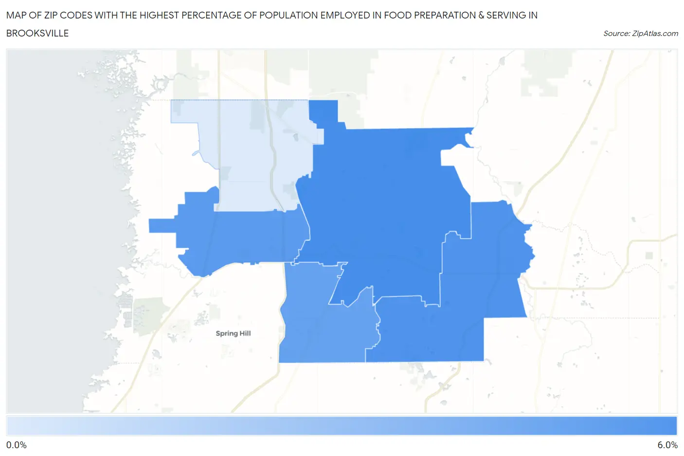 Zip Codes with the Highest Percentage of Population Employed in Food Preparation & Serving in Brooksville Map
