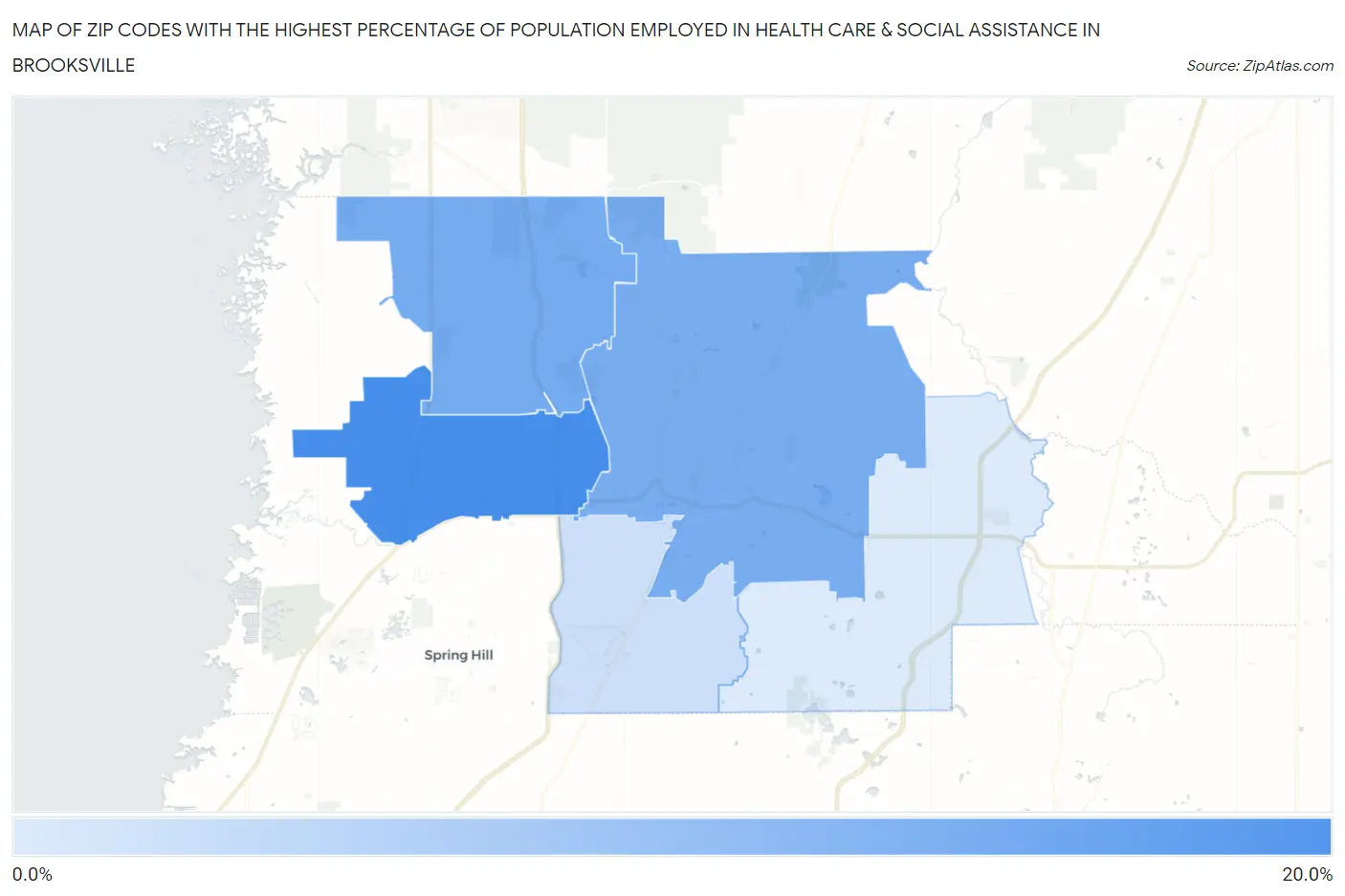 Zip Codes with the Highest Percentage of Population Employed in Health Care & Social Assistance in Brooksville Map