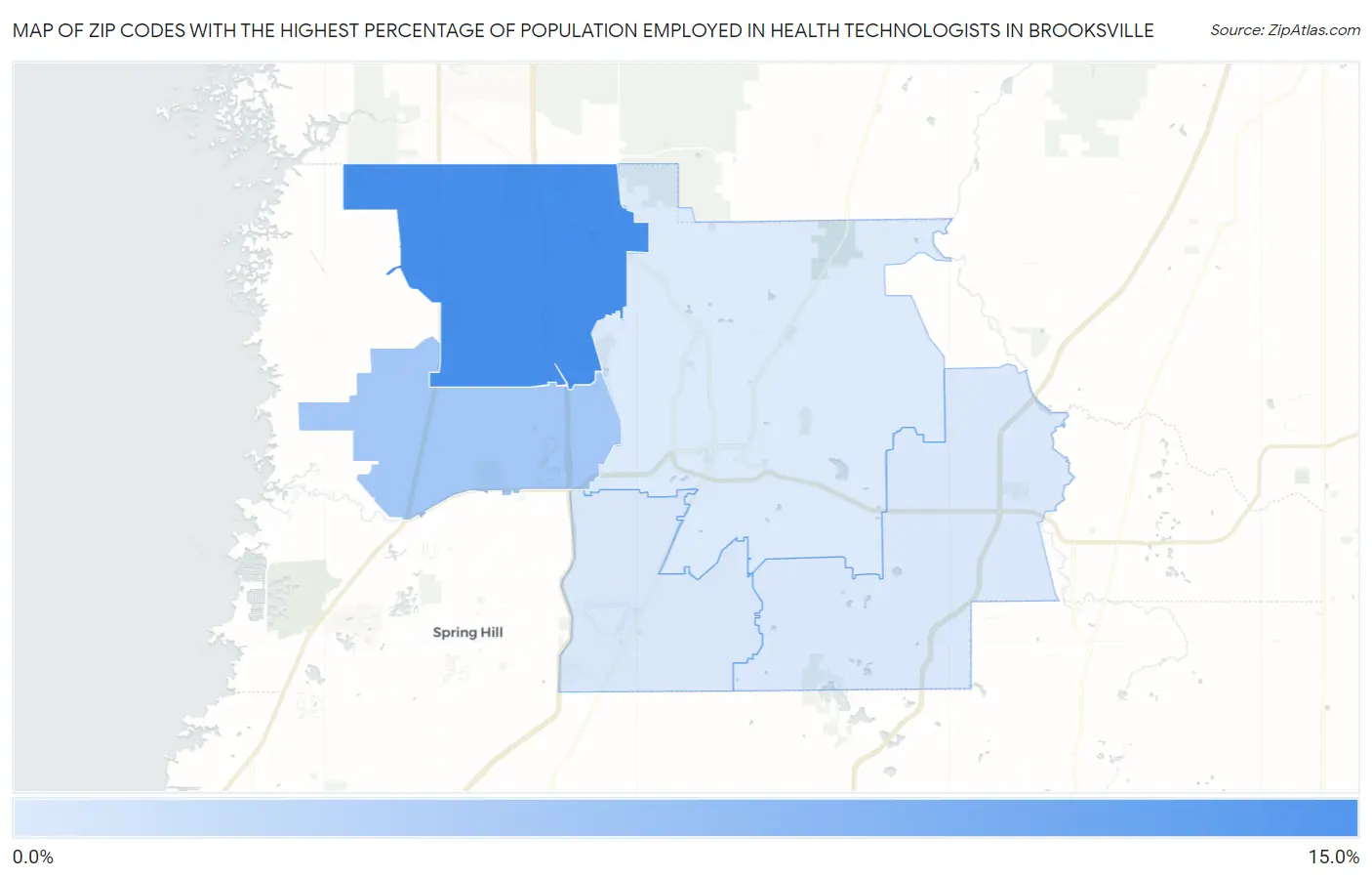Zip Codes with the Highest Percentage of Population Employed in Health Technologists in Brooksville Map