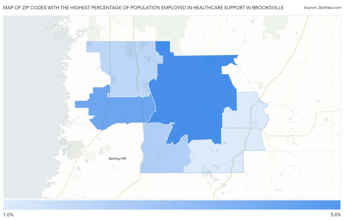 Zip Codes with the Highest Percentage of Population Employed in Healthcare Support in Brooksville Map
