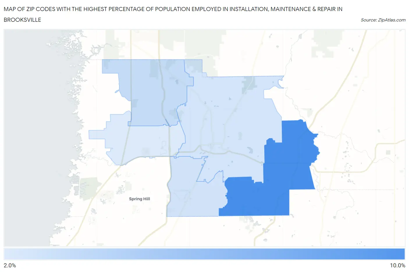 Zip Codes with the Highest Percentage of Population Employed in Installation, Maintenance & Repair in Brooksville Map
