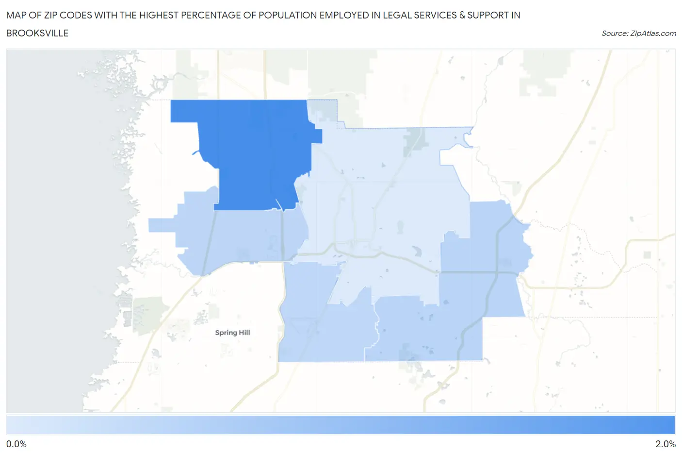 Zip Codes with the Highest Percentage of Population Employed in Legal Services & Support in Brooksville Map