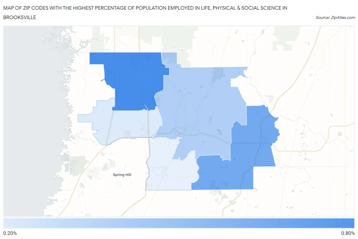 Zip Codes with the Highest Percentage of Population Employed in Life, Physical & Social Science in Brooksville Map