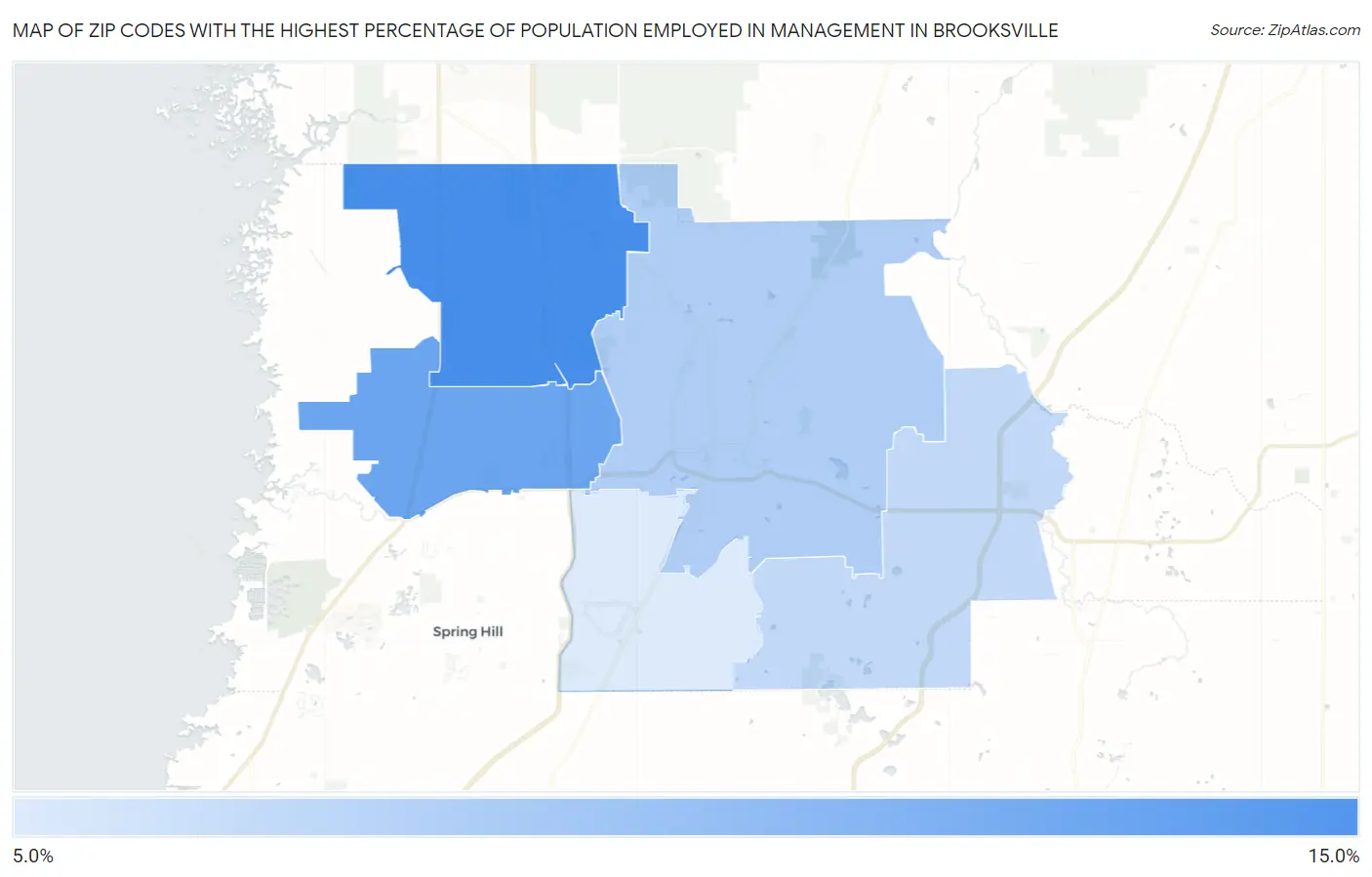 Zip Codes with the Highest Percentage of Population Employed in Management in Brooksville Map