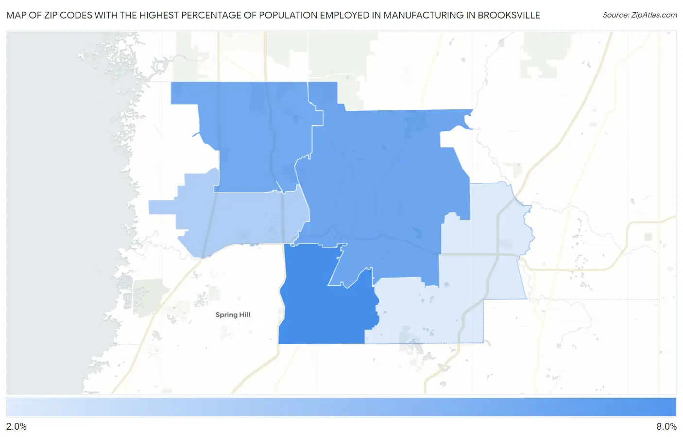 Zip Codes with the Highest Percentage of Population Employed in Manufacturing in Brooksville Map