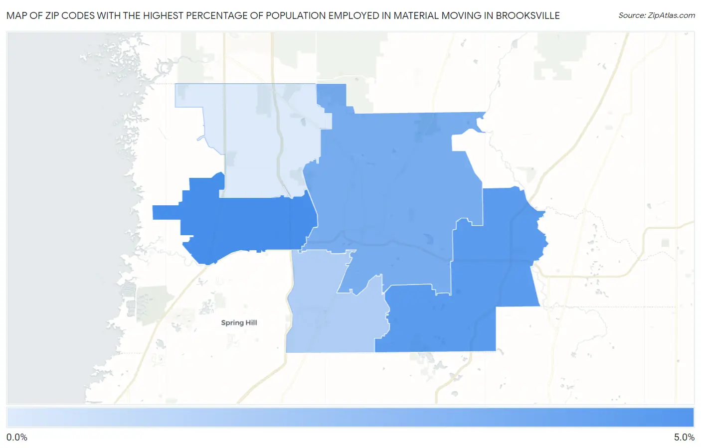 Zip Codes with the Highest Percentage of Population Employed in Material Moving in Brooksville Map