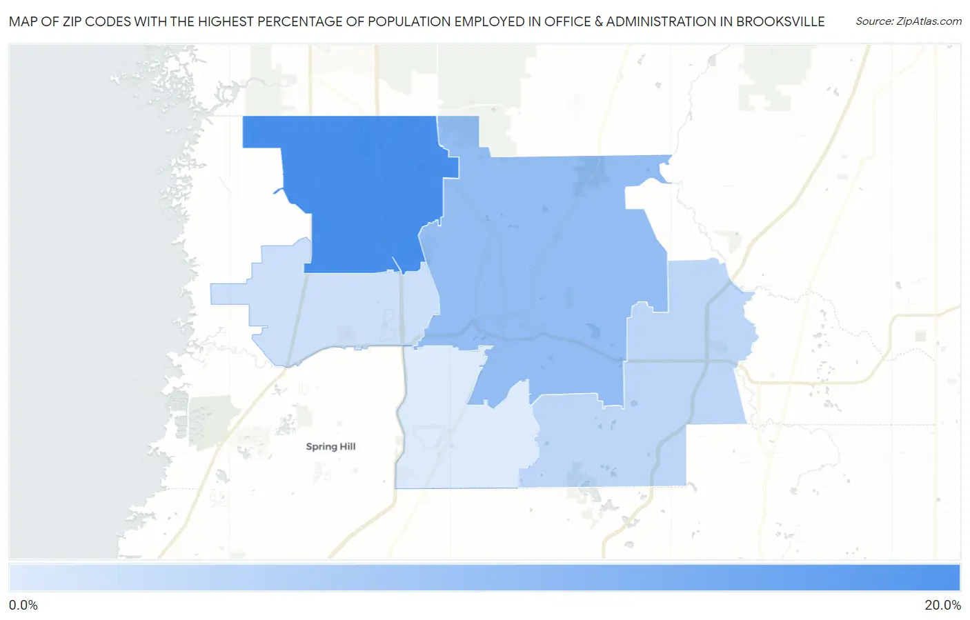 Zip Codes with the Highest Percentage of Population Employed in Office & Administration in Brooksville Map