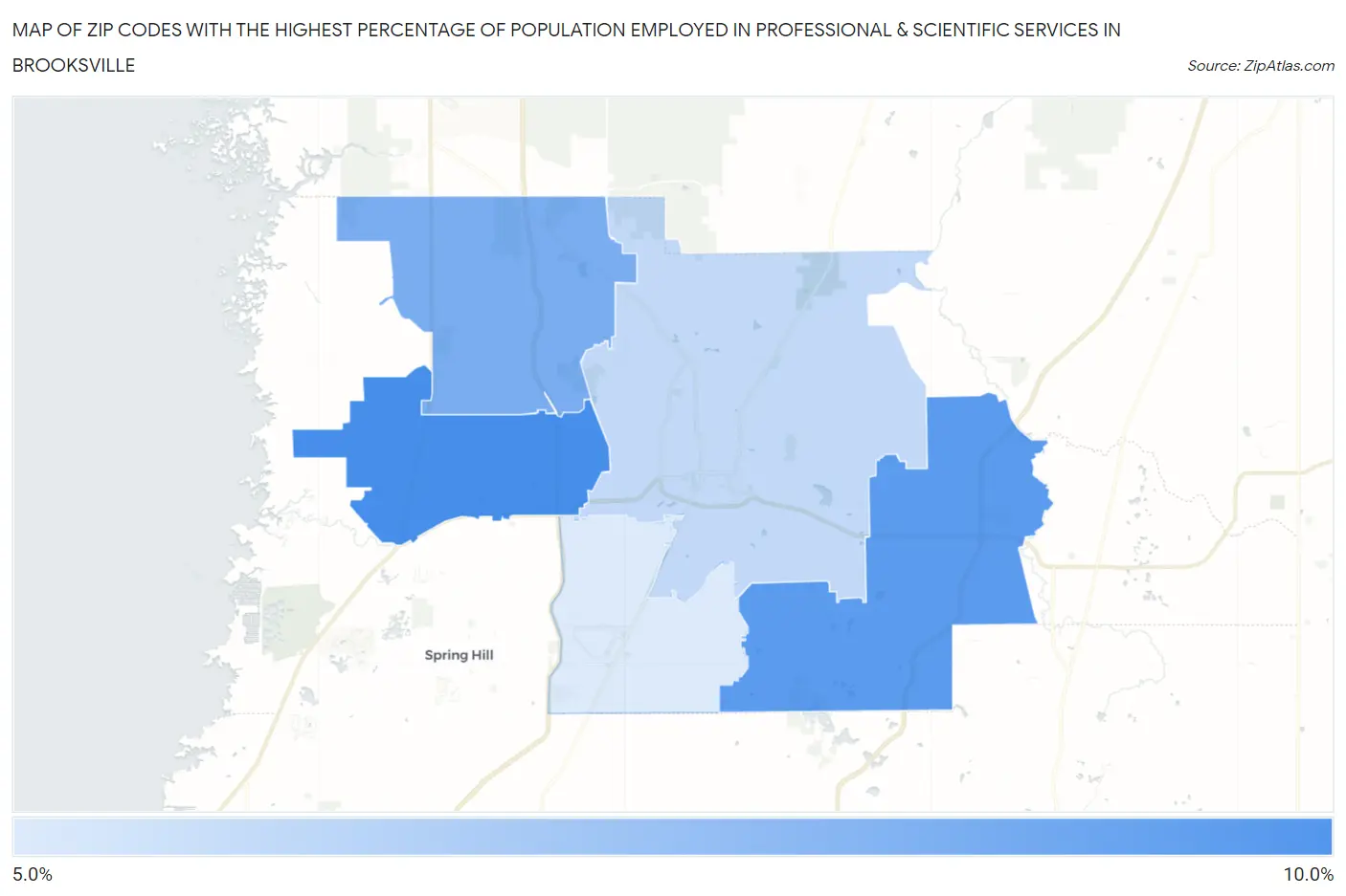 Zip Codes with the Highest Percentage of Population Employed in Professional & Scientific Services in Brooksville Map