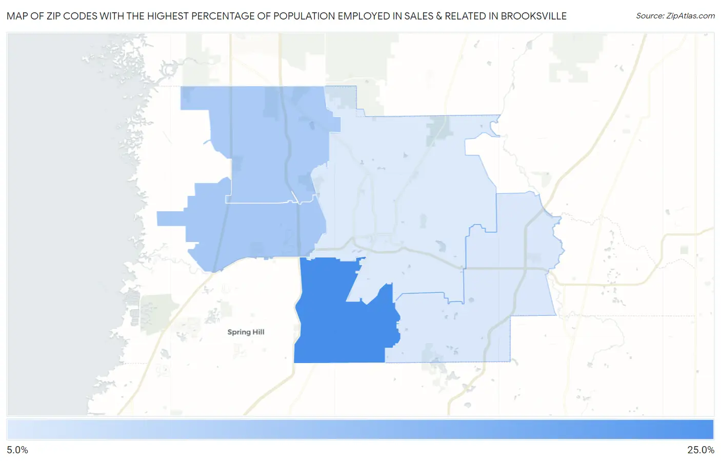 Zip Codes with the Highest Percentage of Population Employed in Sales & Related in Brooksville Map