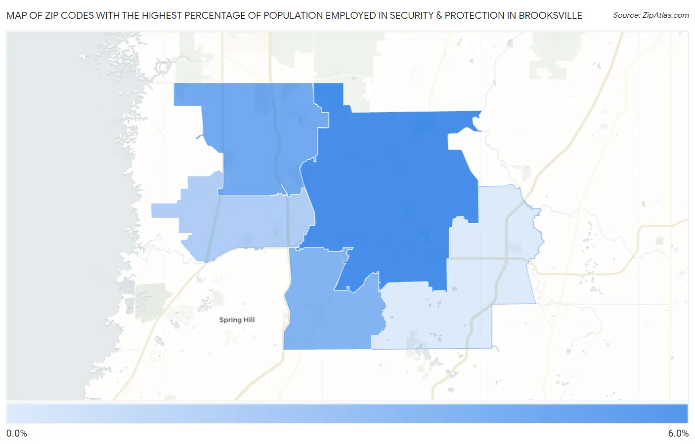 Zip Codes with the Highest Percentage of Population Employed in Security & Protection in Brooksville Map