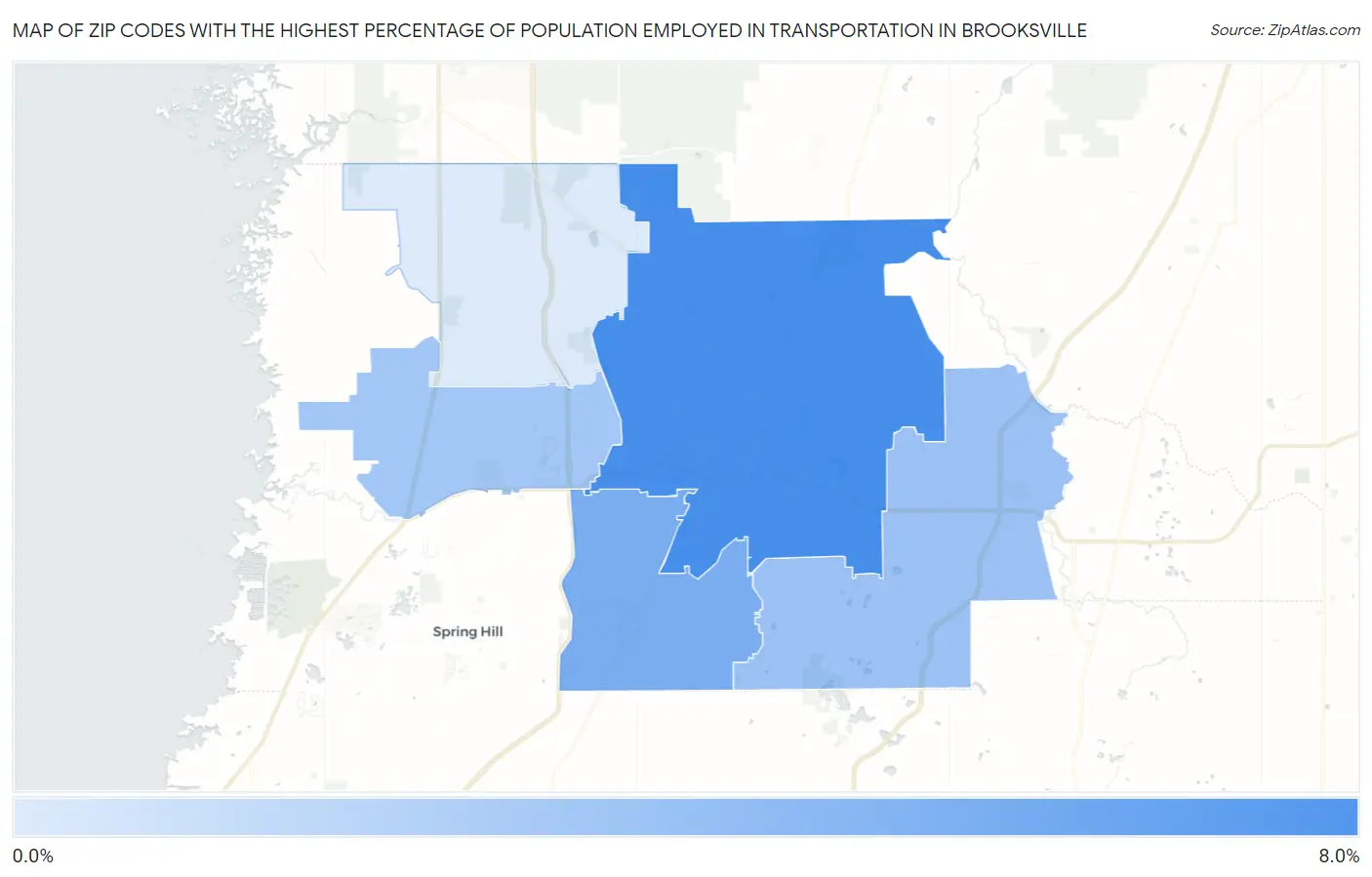 Zip Codes with the Highest Percentage of Population Employed in Transportation in Brooksville Map