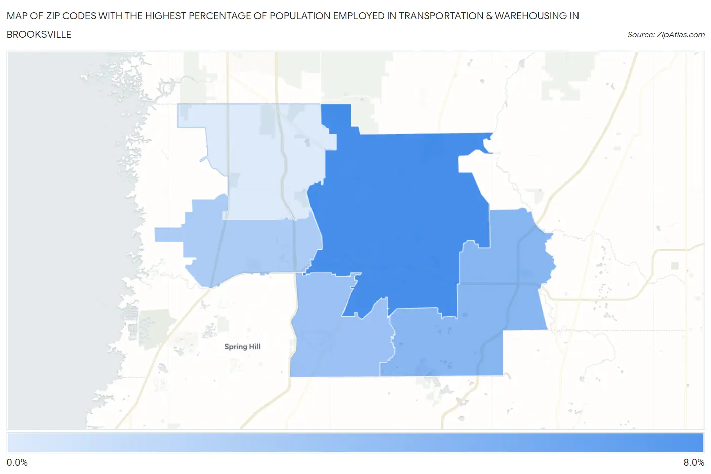 Zip Codes with the Highest Percentage of Population Employed in Transportation & Warehousing in Brooksville Map