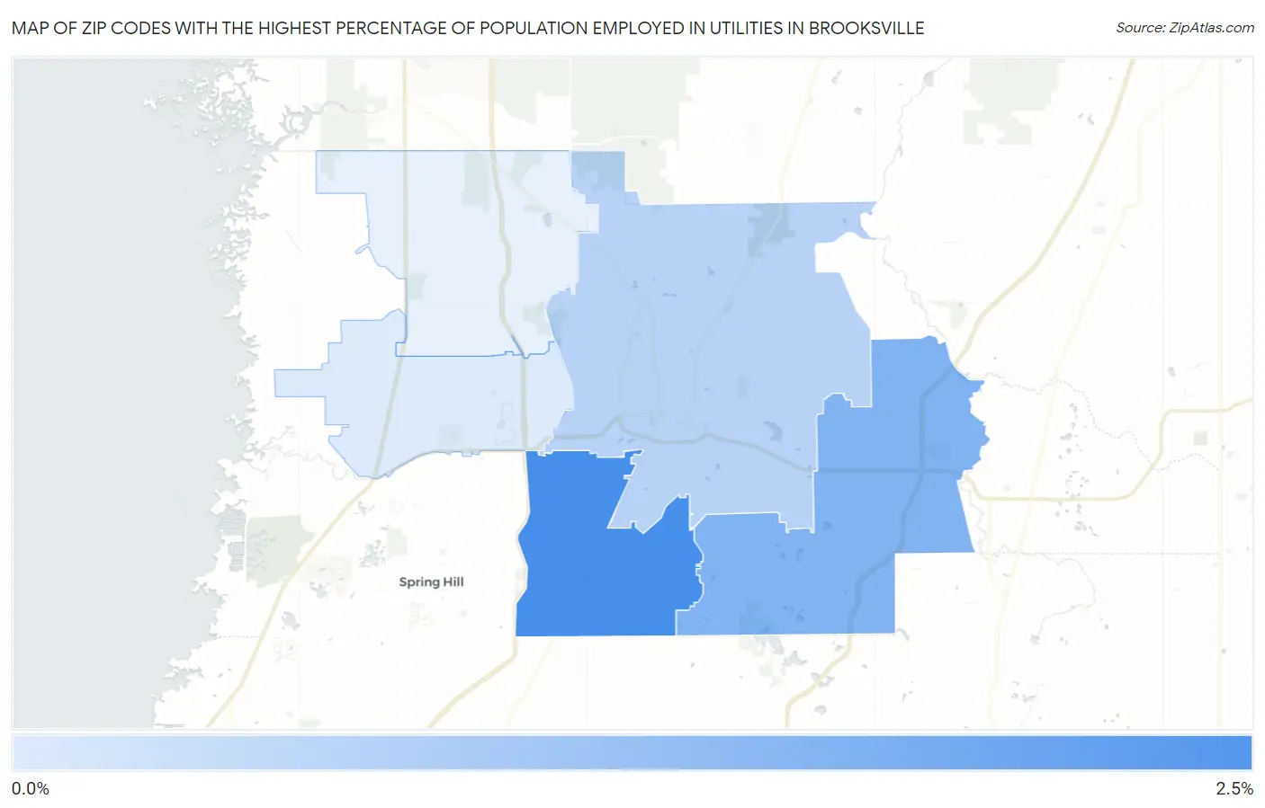 Zip Codes with the Highest Percentage of Population Employed in Utilities in Brooksville Map