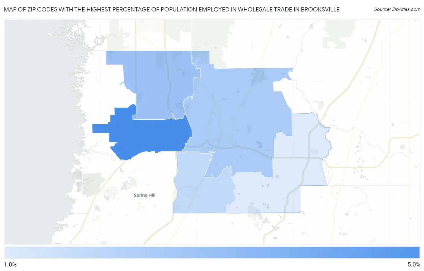 Zip Codes with the Highest Percentage of Population Employed in Wholesale Trade in Brooksville Map